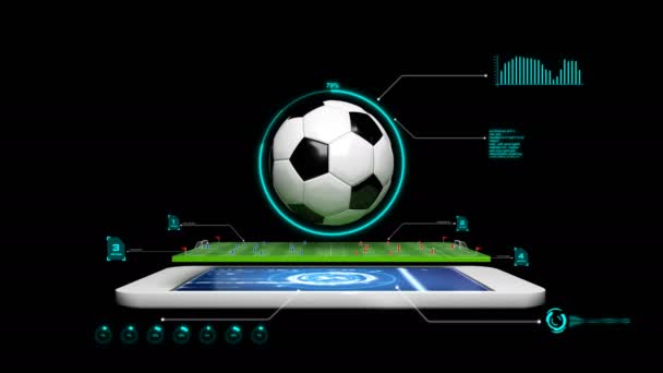 アニメーション サッカーのサッカー場サッカー携帯電話アプリケーションのコンセプトのグラフと Hud と技術要素とアルファ マットで回転サッカー ボール — ストック動画