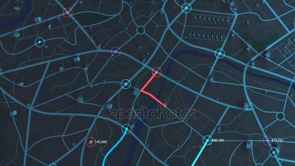 Vista Aérea Animación Del Mapa Nocturno Con Construcción Ruta Ubicación — Vídeos de Stock