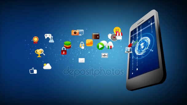 Smartphone Animación Con Iconos Aplicación Fluyen Sobre Fondo Oscuro Con — Vídeos de Stock