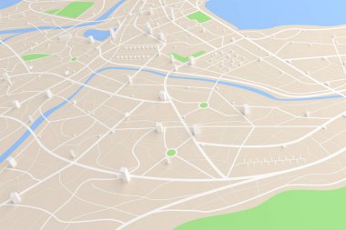 3D render üstten görünüm nehir 3d hasta bina yol ile şehir haritası