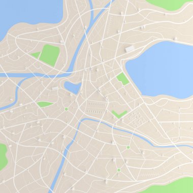 3D render üstten görünüm nehir 3d hasta bina yol ile şehir haritası
