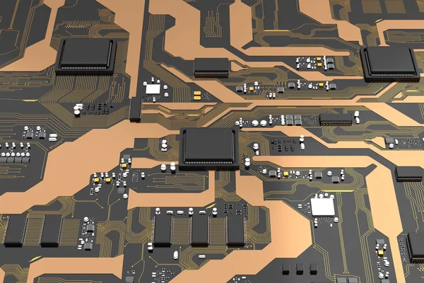 Placa de circuito impreso 3D renderizado con procesador chipset cpu ele —  Fotos de Stock