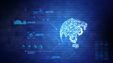 Küresel dünya ve siber teknoloji futuristik konsepti için nokta ışık ile karanlık arka plan bulanıklık ve tahıl işleme