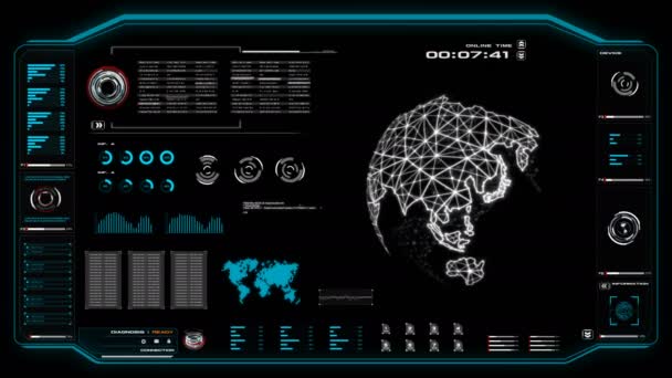 Анімація Інтерфейсу Користувача Hud Глобус Світ Рухається Темному Тлі Кіберфутуристичної — стокове відео