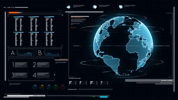 Interface Χρήστη Σκούρο Μπλε Φόντο Παγκόσμιο Χάρτη Γράφημα Μπαρ Και — Αρχείο Βίντεο