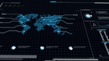 Dünya Haritası grafik bar PI ve Hud öğe siber teknoloji ve fütüristik konsept karanlık ve işlenmiş tahıl için UI kullanıcı arabirimi koyu mavi arka plan