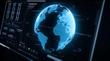 Dünya Haritası grafik bar PI ve Hud öğe siber teknoloji ve fütüristik konsept karanlık ve işlenmiş tahıl için UI kullanıcı arabirimi koyu mavi arka plan