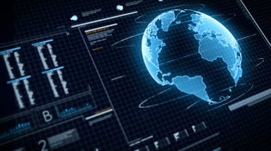 Dünya Haritası grafik bar PI ve Hud öğe siber teknoloji ve fütüristik konsept karanlık ve işlenmiş tahıl için UI kullanıcı arabirimi koyu mavi arka plan