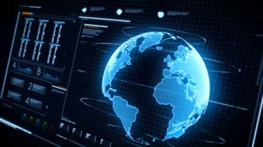 Dünya Haritası grafik bar PI ve Hud öğe siber teknoloji ve fütüristik konsept karanlık ve işlenmiş tahıl için UI kullanıcı arabirimi koyu mavi arka plan