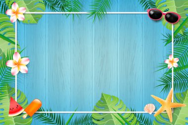 Arka plan boş mavi ahşap yaprak ve yaz öğesi ile