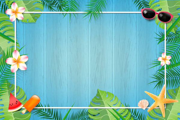 Абстрактный фон из голубого дерева с листовым и летним элементом
