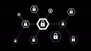4 k animasyon altıgen şekil için ağ güvenlik asma kilit siber teknoloji kavramı siyah arka plan üzerine kilit simgesiyle