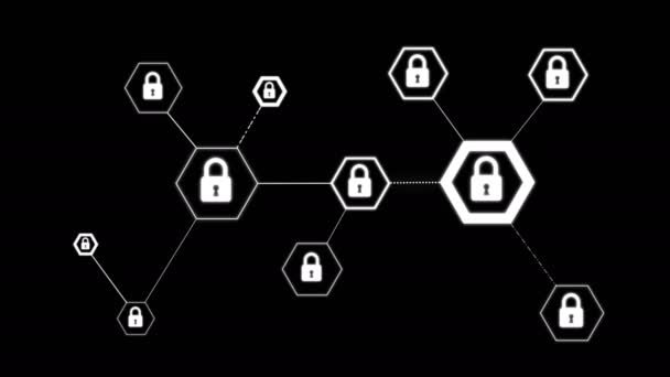 动画六角形带锁图标为网络安全挂锁网络技术概念黑色背景 — 图库视频影像