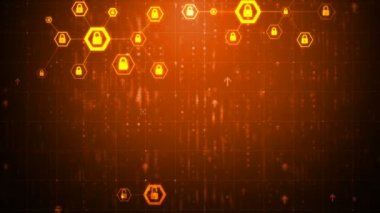 4 k animasyon altıgen şekil için ağ güvenlik asma kilit cyber fütüristik teknoloji kavramı ile işlenmiş tahıl koyu arka plan üzerinde kilit simgesiyle