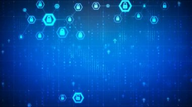 4 k animasyon altıgen şekil için ağ güvenlik asma kilit cyber fütüristik teknoloji kavramı ile işlenmiş tahıl koyu arka plan üzerinde kilit simgesiyle