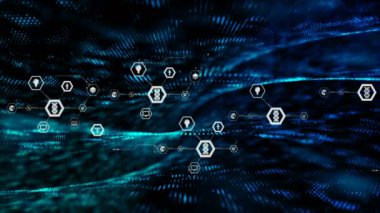 Altıgen şekil ve parçacık cyber futuristik konsepti için karanlık işlenmiş tahıl ile hareketli arka plan simgesine