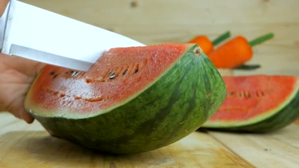 Close Shot Hands Woman Using Kitchen Knife Cut Ripe Watermelon — Stock Video
