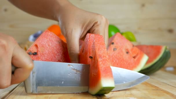 Close Shot Hands Woman Using Kitchen Knife Cut Ripe Watermelon — Stock Video