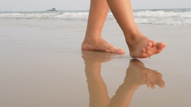 Femme Pieds Marchant Sur Plage Sable Avec Vague Mer — Video