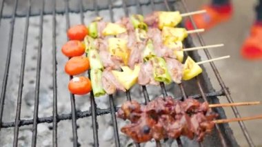 Kömür sobası üzerinde kavrulmuş Izgara Barbekü ve tavuk karaciğer
