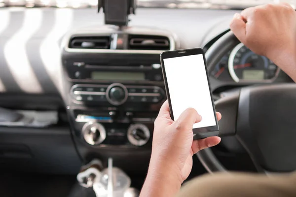 Hands of man using mobile smart phone with blank white for copy — Stock Photo, Image