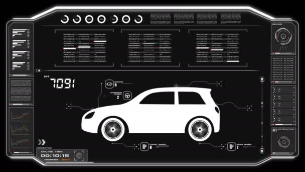 で交通機関や自動車のサイバー技術未来的なコンセプトの車 Tunning Hud ユーザー インターフェイス — ストック動画