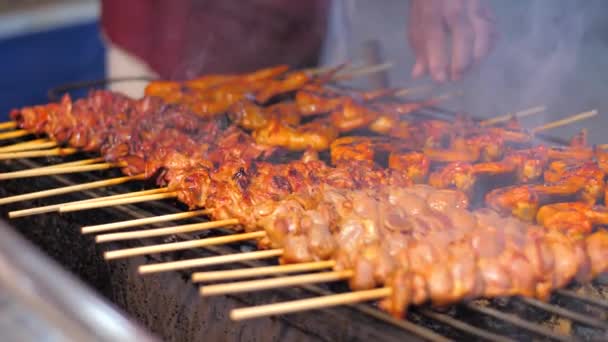 Close Shot Grilling Chicken Barbeque Smoker Fast Delicious Street Food — Stock Video