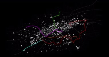 3d Gps navigatörlü şehir haritası ve alfa mat ile karanlık arkaplan üzerinde farklı renk rota noktası oluşturma, alanın odak derinliğini seçiniz