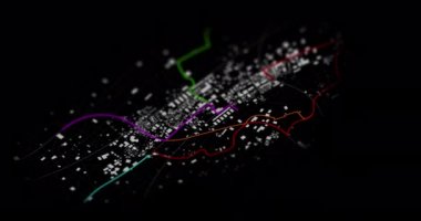 3d Gps navigatörlü şehir haritası ve alfa mat ile karanlık arkaplan üzerinde farklı renk rota noktası oluşturma, alanın odak derinliğini seçiniz