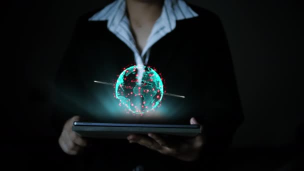 Businesswoman Hand Using Tablet Virus Outbreak Text Disintegration Hologram World — Stock video