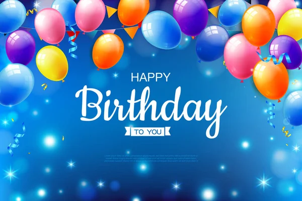 Gerçekçi bir balonla doğum günün kutlu olsun, renkli bayraklı Vektör illüstrasyon kutlama balonu, yıldönümü ışığı ve ışıltılı arka plan.