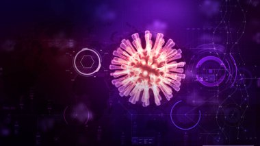 Covid-19 Coronavirus salgını konsepti için 3 boyutlu wirefram virüsü, kimyasal yapı arka planı, mikroskobik görünümde değişen grip virüsü hücrelerinin 3 boyutlu medikal yapısı, salgın risk kavramı