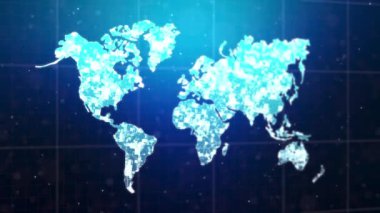 Dünyanın soyut arkaplan haritası, aydınlatma parçacığı ve parıltı efektiyle, koyu ve tahıl işlenmiş ve alfa mat ile