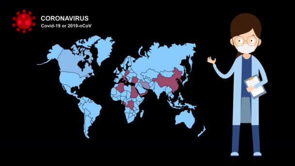 コロナウイルスCovid 19または2019 Nvタイトルテキストと医師のキャラクター漫画のアニメーション ウイルスシンボル付き — ストック動画