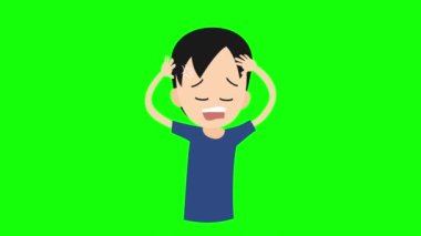 Animasyon erkek çizgi filmi yeşil ekranda Coronavirus, Covid-19 veya 2019-nCov semptomları, salgın ve virüs farkındalığı konsepti için bir baş ağrısıdır.