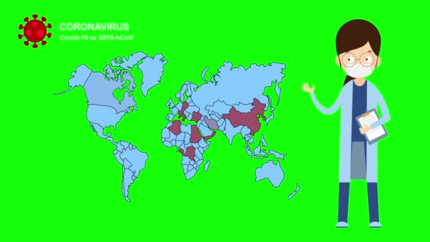 Covid 19流行世界地図を持つ医師のキャラクター漫画のアニメーション 緑の画面上のウイルスから保護するためのインフォグラフィックのためのコロナウイルス2019 Convの簡単な動きのグラフィックアニメーション — ストック動画