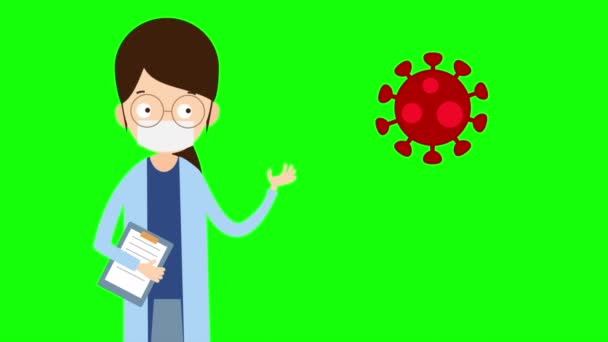 Covid 19テキストと医師のキャラクター漫画のアニメーション 脳画像のためのコロナウイルス2019 Ncovのシンプルなモーショングラフィックアニメーション 緑の画面で — ストック動画