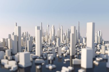 3D Rending beyaz şehir, Şehir bina ve sokak ile sığ alan etkisi derinliği