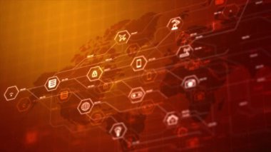 Bağlantı çizgisi olan altıgen şekilli simgelerin interneti, siber fütürist ağ ve inovasyon için karanlık arkaplan, koyu renk ve tahıl işlenmiş alan etkisinin sığ derinliği