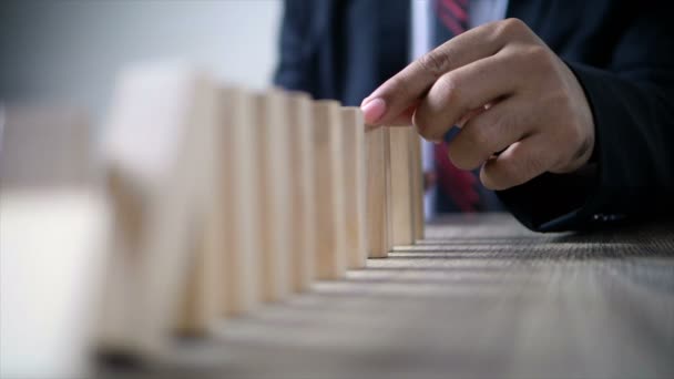 Slow Motion Hand Businessman Moving Wooden Brick Falling Metaphor Select — Stock Video