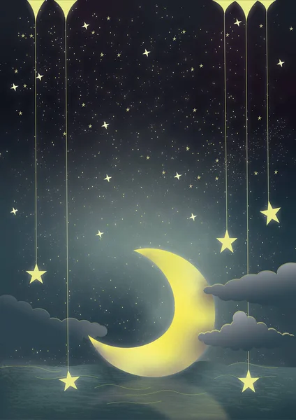 特別な何かを刺激する夜の月と光のおとぎ話 — ストックベクタ