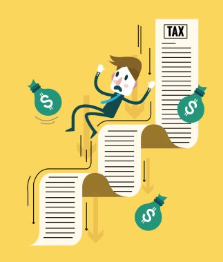 İş adamı ve onun para vergi belge üzerinde aşağı akan.