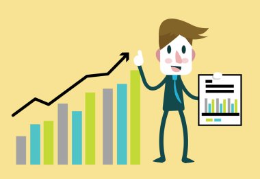 İş adamı mutlu istatistikleri mali kar yükselen bar.