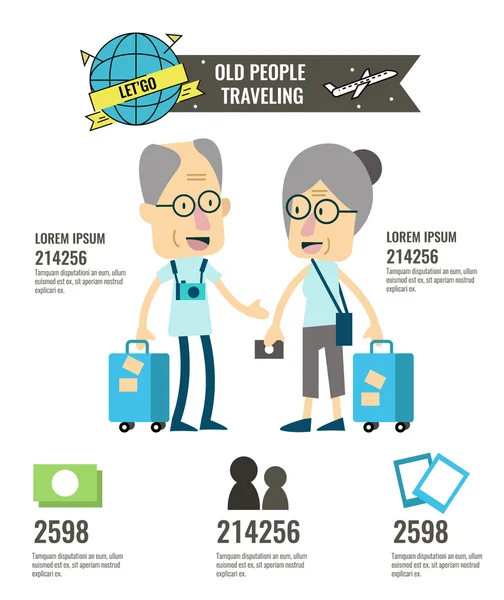 노인 여행 및 관광 infographic입니다. 평면 캐릭터 디자인. — 스톡 벡터