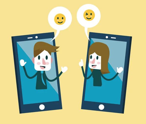 Homem e mulher enviando adesivos de emoção no smartphone . — Vetor de Stock