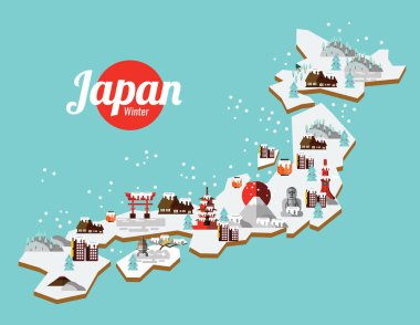 Japonya kış Simgesel Yapı ve seyahat harita. 