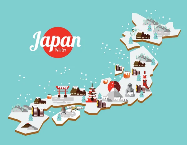 일본 겨울 여행 및 랜드마크 지도. — 스톡 벡터