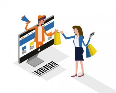 Online alışveriş ve online pazarlama bilgisayar masaüstü kavramı üzerinde.