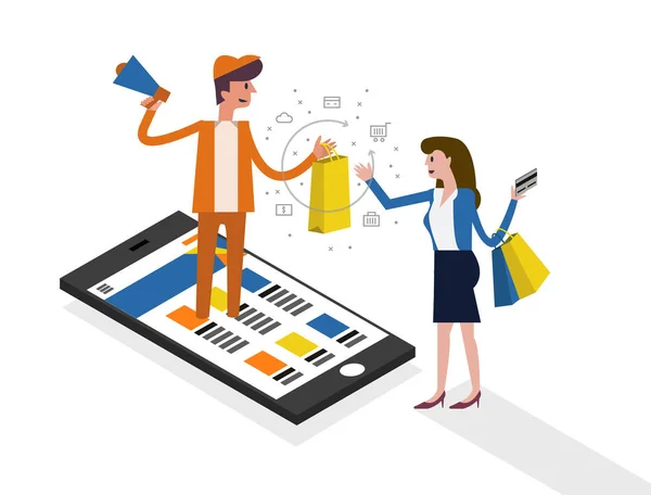 Online-Shopping und Online-Marketing auf dem Handy-Konzept. — Stockvektor
