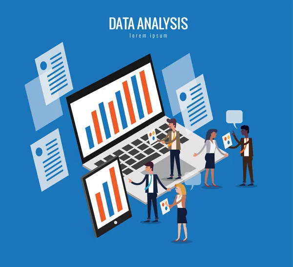 Diseño isométrico plano de análisis de datos y concepto de tecnología . — Vector de stock